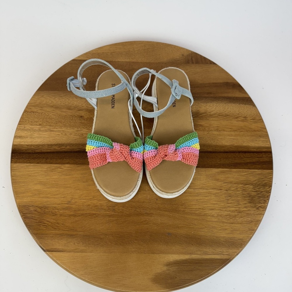 New NWOB Big Kids Steve Madden Jameliaa Woven Rainbow Slingback Sandals Size 3 Y